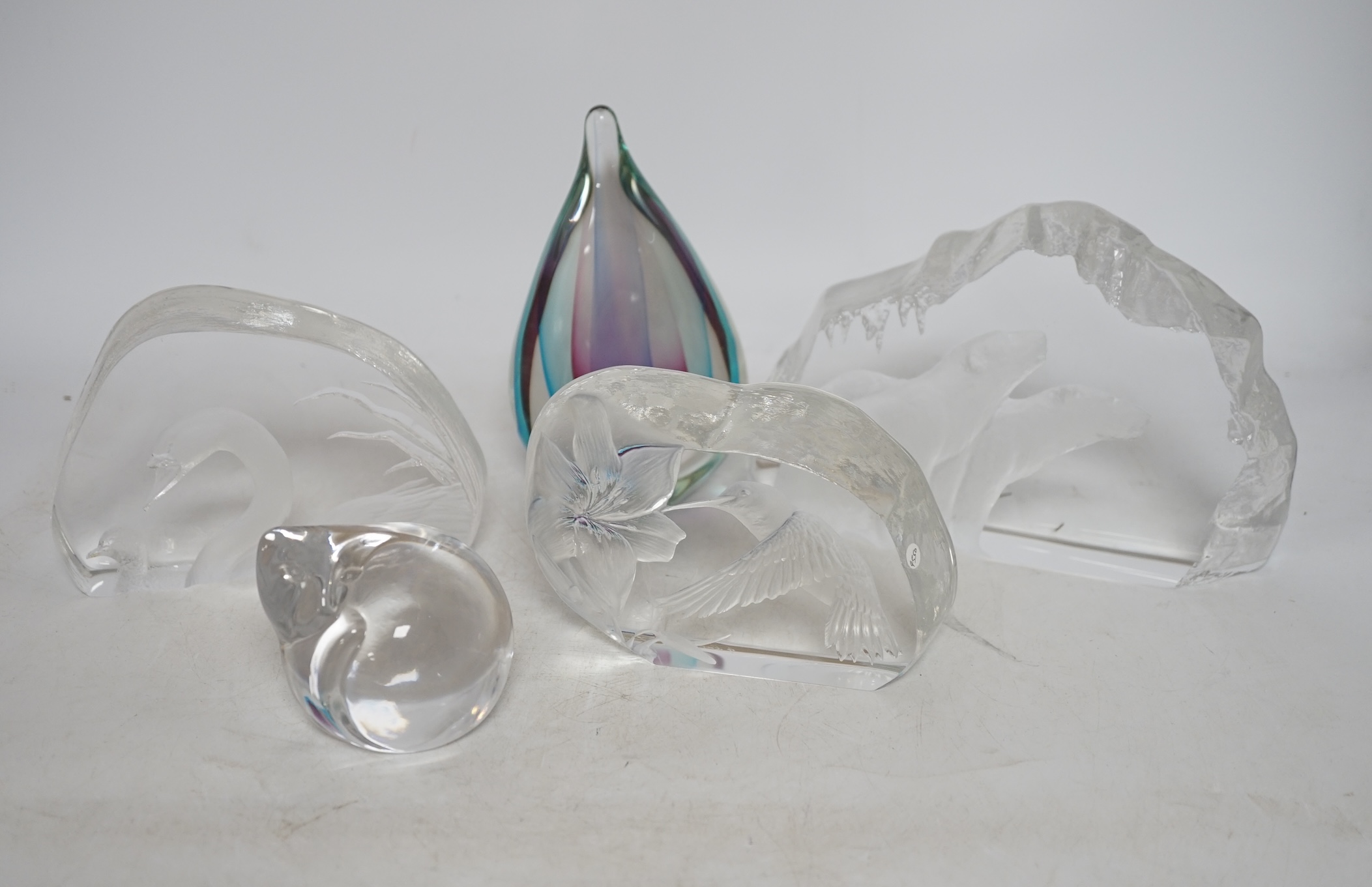 Three large iceberg shaped bird and bear signed glass paperweights, a small Goebel paper weight and another, tallest 16cm high. Condition - good